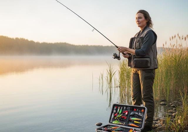 Anglerin am Ufer eines ruhigen Sees bei Morgensonne mit Angelrute und Köderbox